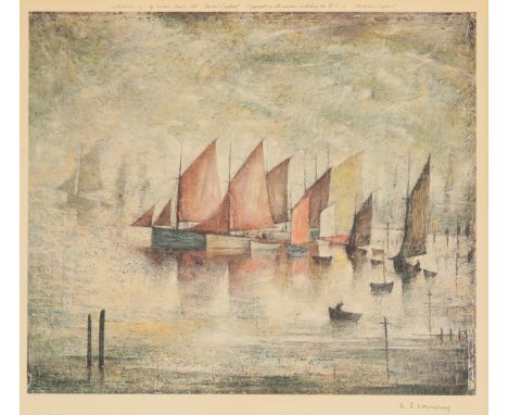 *LAURENCE STEPHEN LOWRY (1887-1976) 'Sailing Boats' signed in pencil to the margin lower right, Fine Art Trade Guild blindsta
