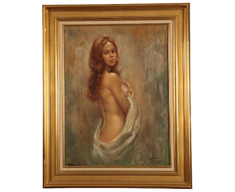 *LEO JANSEN (1930-1980) A three-quarter length portrait of a woman partially nude with a cloak draped around her waist and ri