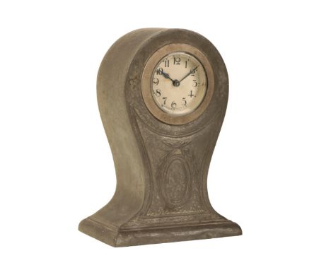 LIBERTY &amp; CO: A PEWTER MANTEL CLOCK of balloon form with plain white dial, stamped to the underside "0115 2 English Pewte