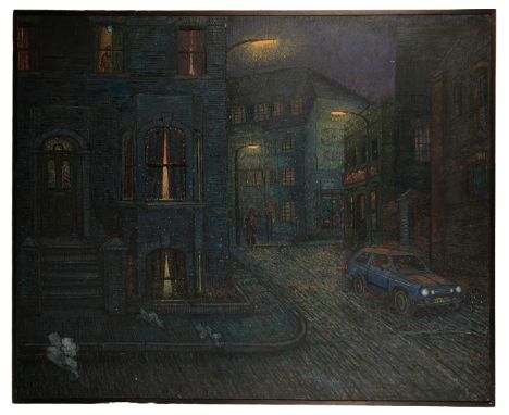 PETER SNOW (1927-2008) 'The Christmas Search' Atmospheric London street scene at night, a figure standing on the pavement ill