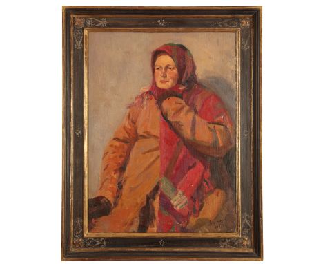RUSSIAN SCHOOL, 20TH CENTURY A portrait of a woman wearing a red headscarf and brown coat, indistinctly signed and dated 1959
