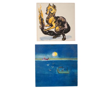 *DAME PAULA REGO (B. 1935) A PAINTED CERAMIC TILE depicting a fox holding its burning tail, signed and dated '96 in black fel