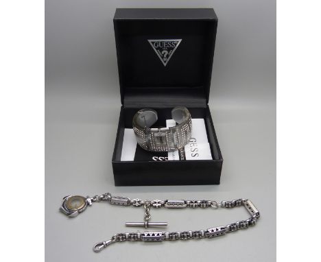 A hallmarked silver compass fob, a fancy link Albert chain and a Guess wristwatch 
