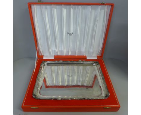 A silver plated tray, Chinese/Hong Kong presentation inscription, cased 