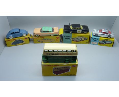 Five model vehicles; two Corgi Toys, 223 and 315, and three Dinky Toys, 178 Plymouth Plaza, Volkswagen and 290 Double Deck Bu