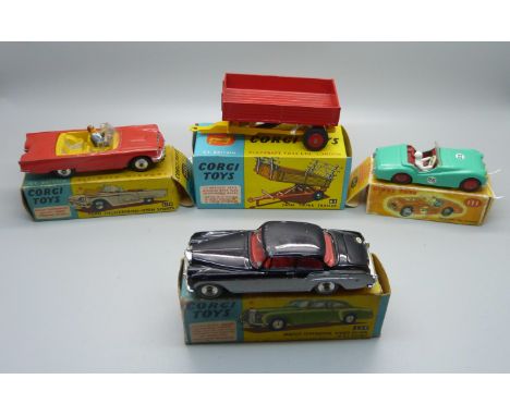 Four model vehicles; three Corgi Toys, 62 Tipper Trailer, (no raves), 215S Ford Thunderbird and 224 Bentley Continental, and 