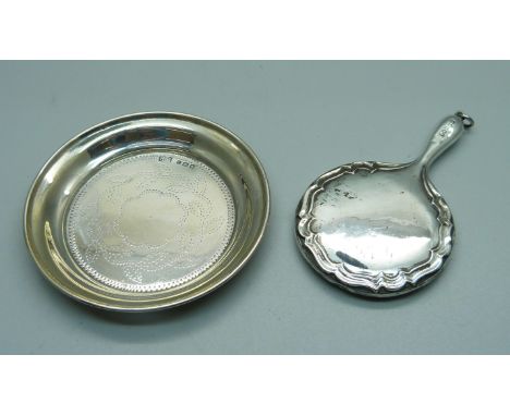 A small silver mirror, Birmingham 1922, and a small silver dish/tray, London 1938, (dish 28g) 