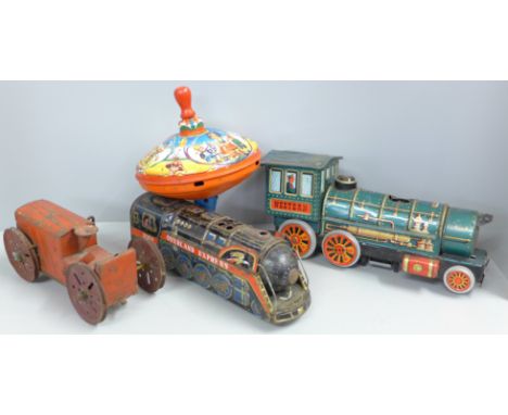 Tin-plate toys, including a Tri-ang tractor 