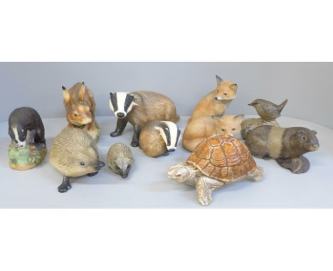 Purbeck Pottery and Poole pottery wildlife animals including fox, badger and guinea pig and other animal figures 