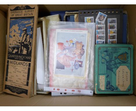 A box of Ordnance Survey maps, stamps, an Atlas, Nottingham In Pictures book, etc. **PLEASE NOTE THIS LOT IS NOT ELIGIBLE FOR