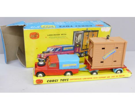 A Corgi Toys Gift Set No. 19 Chipperfields Land Rover with elephant and cage on trailer, boxed 