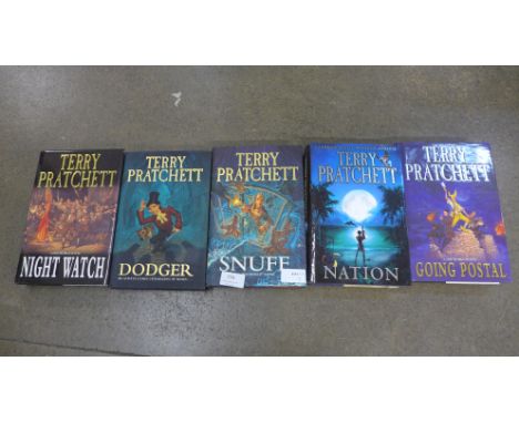 Five first edition novels by Terry Pratchett; Night Watch (2002), Going Postal (2004), Nation (2008), Snuff (2011) and  Dodge