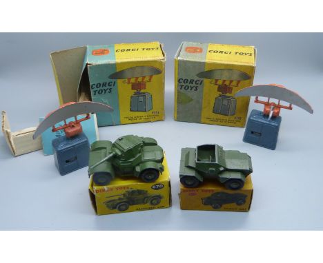 A Corgi Toys 353 Decca Airfield Control Radar 424 Scanner and two military Dinky Toys; 673 Scout Car and 670 Armoured Car, bo