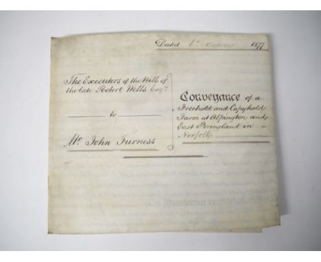 Large two page 1877 vellum indenture, conveyance of a freehold and copyhold farm at Alpington and East Poringland in Norfolk,