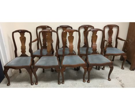 A late 20th Century burr walnut veneered dining room suite comprising rounded rectangular D end twin pillar dining table, 96.