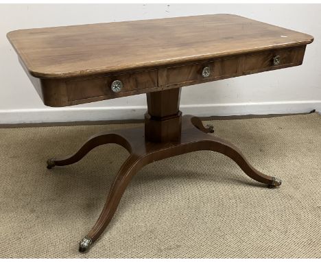 A 19th Century Continental (possibly Swedish) mahogany sofa table with satinwood stringing throughout, the rounded rectangula