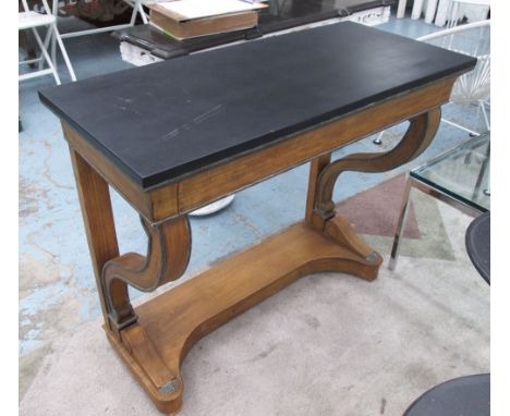 CONSOLE TABLE, Charles X style walnut with faux marble top and frieze drawer on curved front supports, 45cm D x 98cm x 86cm.
