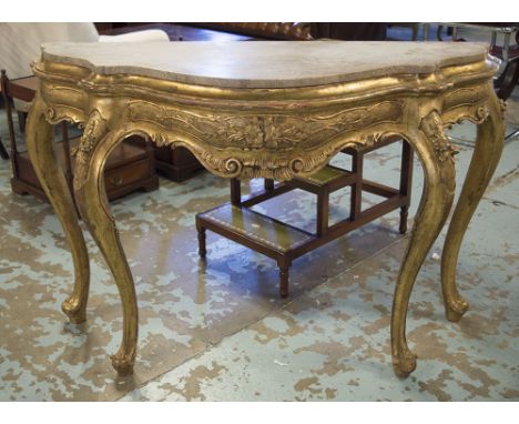 CONSOLE TABLE, early 20th century Italian carved giltwood serpentine St Annes marble top and cabriole supports, 86cm H x 126c