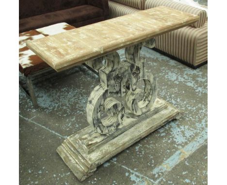 CONSOLE TABLE, wooden on an ornate distressed painted base, 110cm x 36cm x 88cm H.