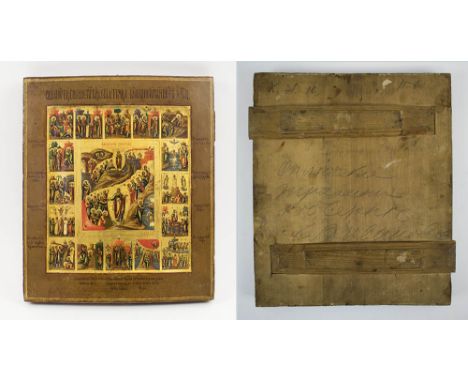 RUSSIAN ICON, portraying vignette scenes from the life of Christ, painted on wooden panel, 31cm H x 26.5cm W.