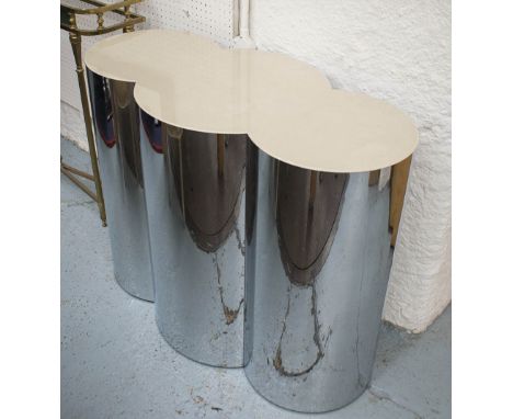 CENTRE/CONSOLE TABLE, of shaped form, polished metal, 46cm D x 74cm H x 92cm W.