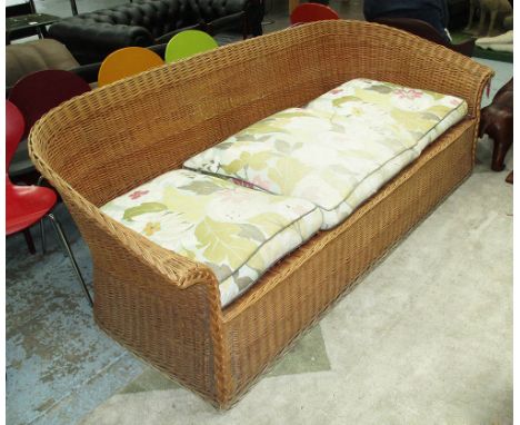 CONSERVATORY SOFA, three seater, in basket weave with cushions, 237cm L. (with faults)