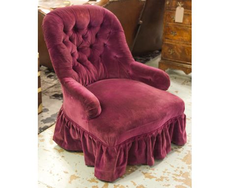 NURSING CHAIR, Victorian walnut with purple velvet button upholstery, 67cm W.
