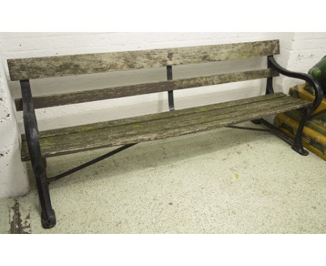GARDEN BENCH, black painted iron frame with weathered teak slats, 200cm W.