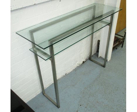 CONSOLE TABLE, contemporary, with glass top and glass under shelf on a square metal frame, 120cm x 40cm x 90cm H.