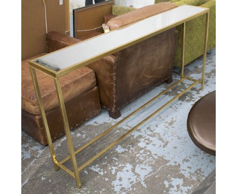 CONSOLE TABLE, mirrored top on a gilded metal frame, 152cm x 26cm x 79cm H.