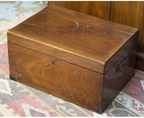 TRUNK, late Victorian mahogany with green baize interior tray, 30cm x 38cm x 53cm. (with faults)