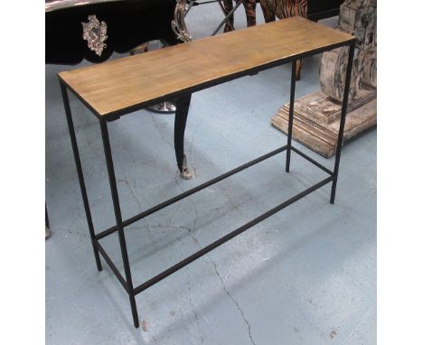 CONSOLE TABLE, with bronzed top on square metal supports.