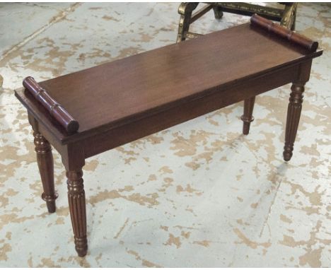 HALL BENCH, Regency design mahogany, rectangular with bolster handles on turned supports and reeded, 91cm W x 30cm D x 47cm H