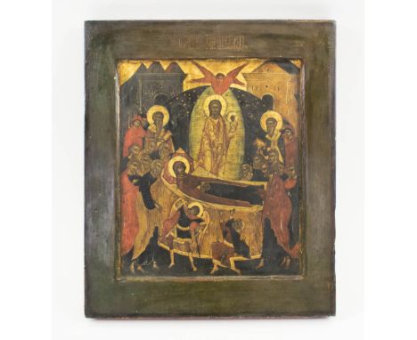 ICON PORTRAYING THE DOMITION OF THE MOST HOLY VIRGIN MARY, painted on wooden panel, 31cm H x 26.cm.