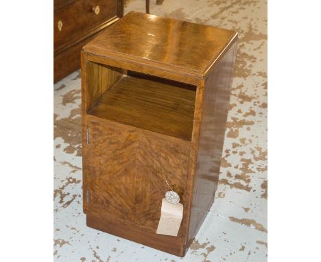 BEDSIDE CABINETS, a pair, Art Deco figured walnut each with panel door and silvered handle, 37cm W x 33cm D x 67cm H. (2)