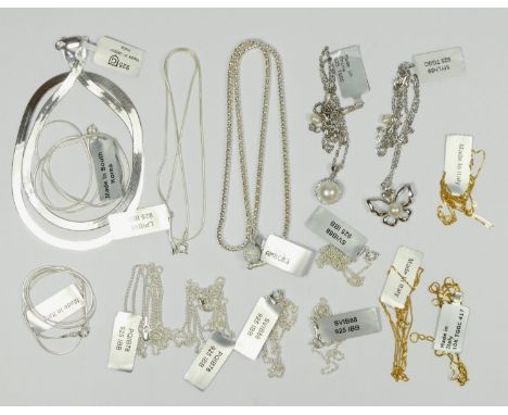 Two silver and cultured pearl necklaces, ten silver chains and three gold plated chains 