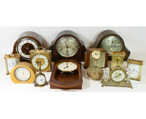 Five boxes of 20th century mantel clocks, traveling alarm clocks and miniature clocks, having manual and quartz movements. (5