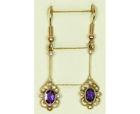 A pair of 9ct gold, amethyst and pearl ear pendants, 28mm, 3.1gm 