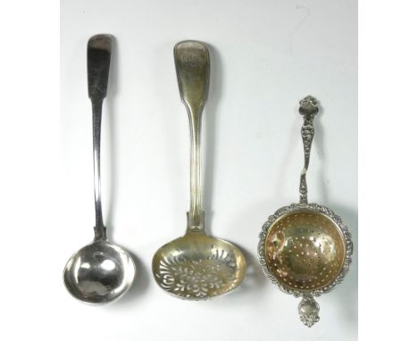 A George III Scottish silver toddy ladle, by M &amp; R, Edinburgh 1814, a Victorian sugar sifter spoon, Exeter 1866 and a sta