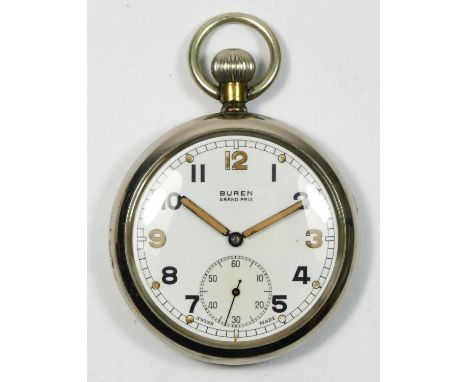 Buren Grand Prix, a nickel cased Military keyless wind pocket watch, Board Arrow over G.S.T.P. over H18471, over Braningtons,