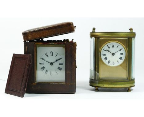 An early 20th century French carriage clock, 8 day movement with fitted case &amp; key, together with an unnamed oval example