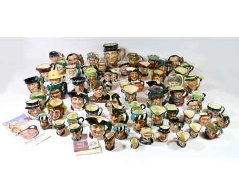 A collection of character jugs, primarily by Royal Doulton, various sizes including a set of miniature Dickens characters wit