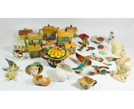 A collection of Shorter &amp; Sons ceramics to include novelty tea service, figural models, wall planters, and other cabinet 