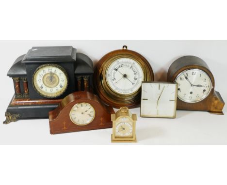 A collection of mantel clocks, carriage clocks, lantern clocks and barometers, having manual &amp; quartz movements. (5)