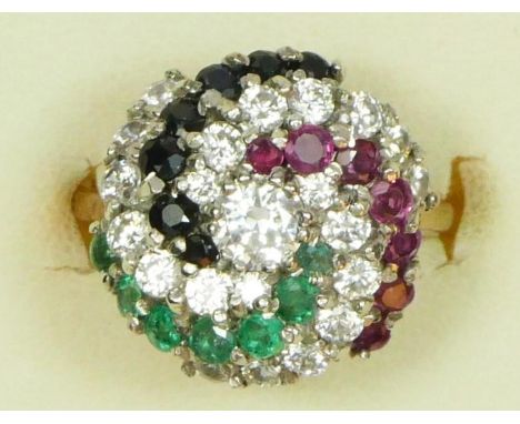 A 9ct gold, ruby, sapphire, emerald and clear gemstone swirl domed cluster ring, L, 4.9gm 