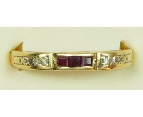 A 9ct gold ruby and diamond channel set ring, Q, 2gm 