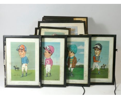 A set of six mid 20th century framed prints depicting horse jockeys, together with advertising prints, a three branch ceiling