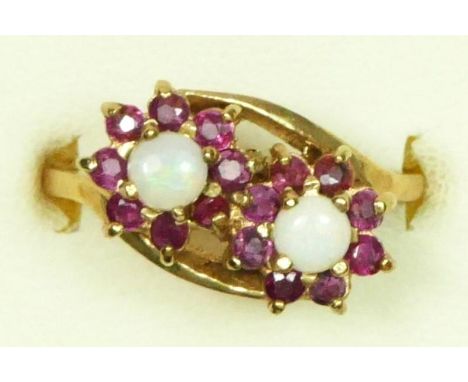 A 9ct gold opal and ruby double cluster ring, M 1/2, 2.9gm 