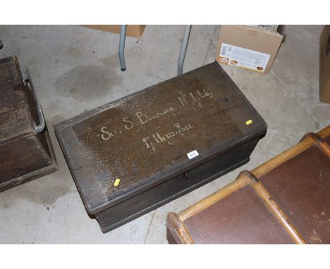 A vintage pine travelling trunk, the lid inscribed "Sgt. S. Boultwood No. 1 Company 1st Herts. Regiment"