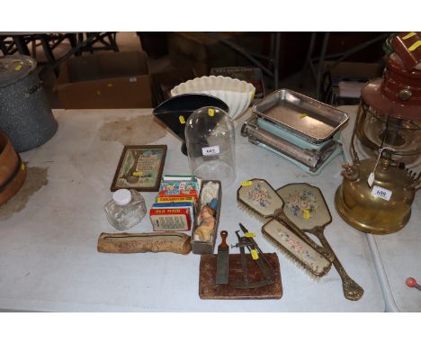 A quantity of miscellaneous items to include a treen sharpener, a pair of steel callipers, button hook, dressing table set, p